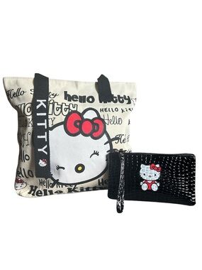 Hello Kitty Cream Canvas Tote & a Black Faux-Croc Wristlet Set with Hello Kitty.